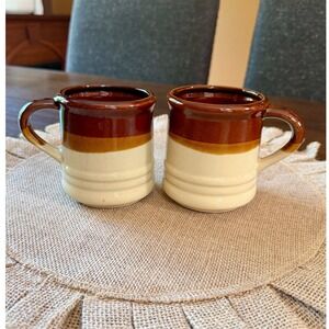 Vintage Two Tone Brown Cream Stoneware Coffee Mugs Set of 2 Ribbed Taiwan Glazed